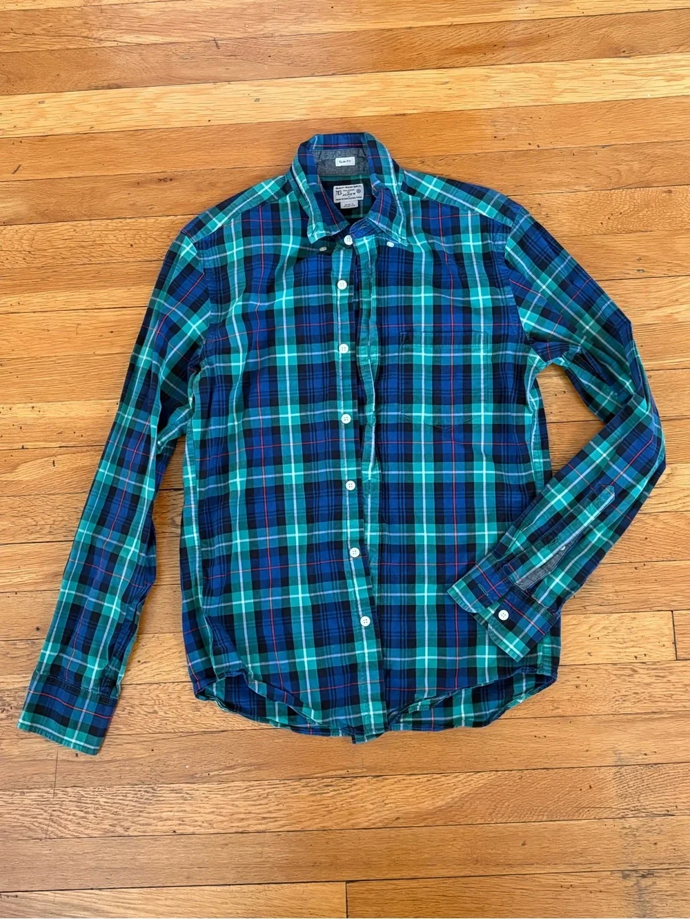 J. Crew Teal and Navy Plaid Long-Sleeve Button-Down Men’s Small, Slim Fit
